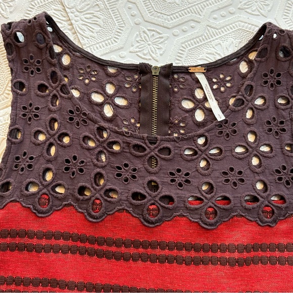 Free People Red Brown Striped Molly Retro Peplum Eyelet Top Sz S EUC - Picture 9 of 13